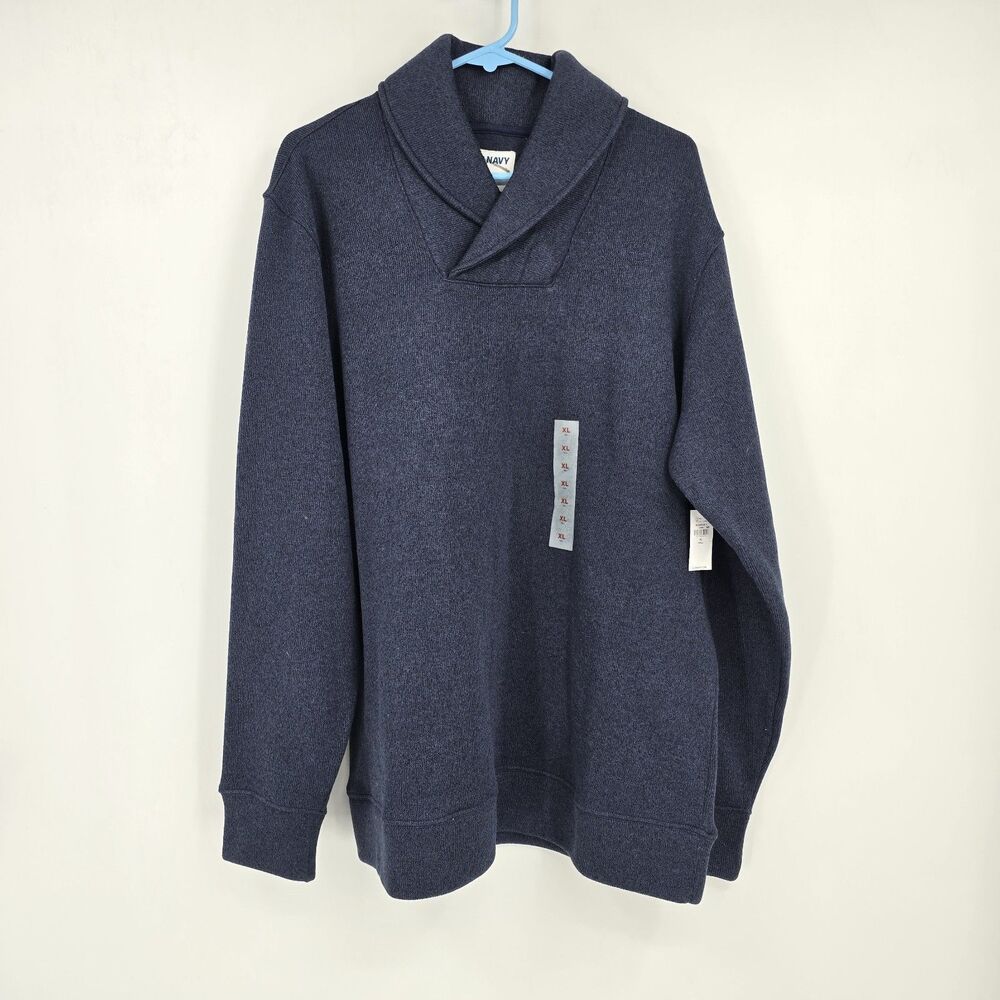 Old Navy Fleece-Knit Sweater Mens Size XLT NWT Blue Shawl Collar Marled Pullover